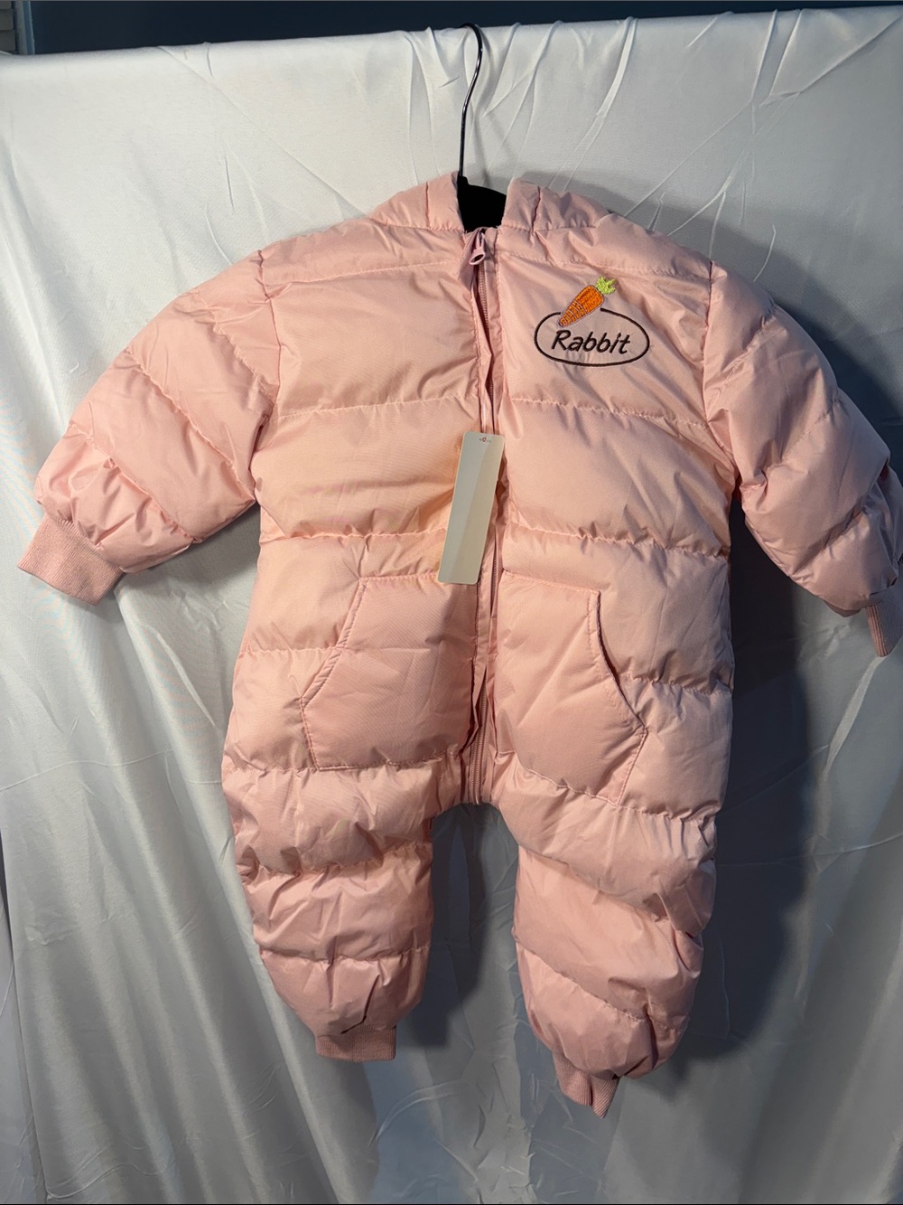 Pink 'Rabbit' Embroidered Baby Puffer Romper